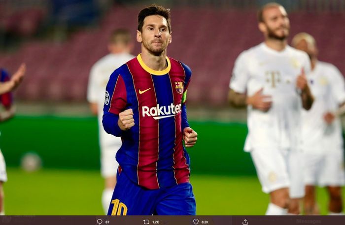 Megabintang Barcelona, Lionel Messi, merayakan gol ke gawang Frencvaros dalam laga babak penyisihan grup G Liga Champions 2020-2021, Rabu (21/10/2020) dini hari WIB.
