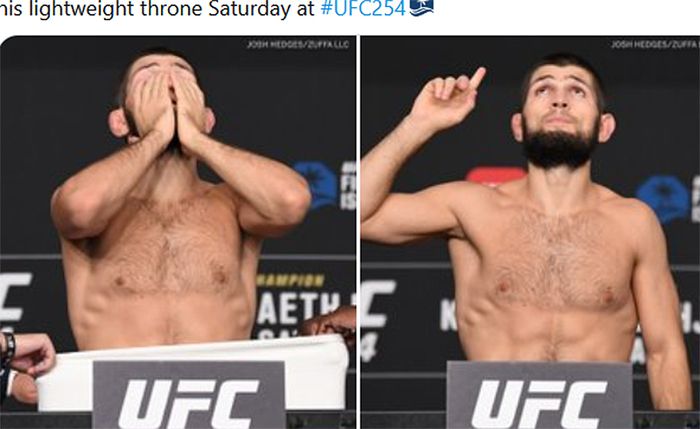 Ekspresi wajah Khabib Nurmagomedov dalam sesi timbang badan UFC 254 di Fight Island, Uni Emirat Arab, 23 Oktober 2020. Nurmagomedov tampak tegang sebelum berat badannya dinyatakan lolos.