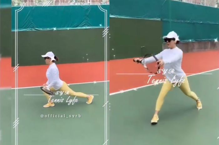 Syahrini tengah asyik olahraga tenis