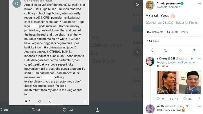 Cuitan Chef Arnold Poernomo soal netizen yang menghina masakannya