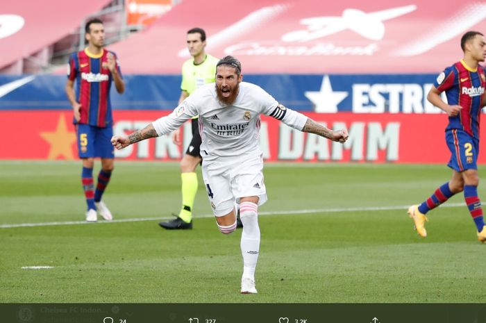 Ekspresi kapten Real Madrid, Sergio Ramos, usai bobol gawang Barcelona dalam laga bertajuk el clasico, Sabtu (24/10/2020).