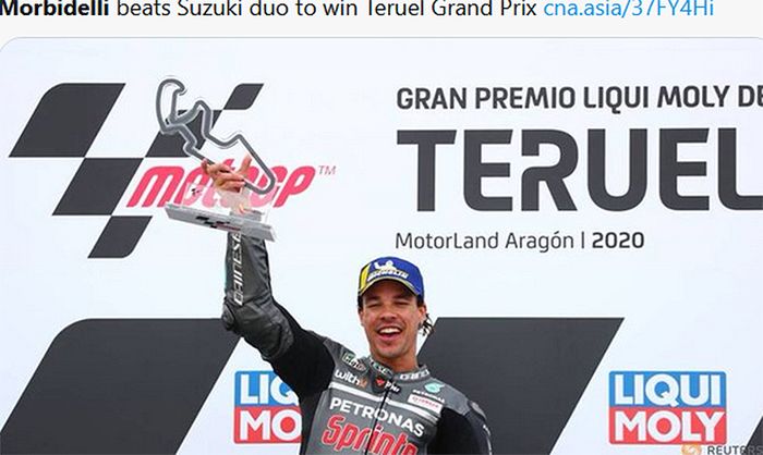 Pembalap Petronas Yamaha SRT, Franco Morbidelli, berhasil memenangi balapan MotoGP Teruel di Sirkuit Aragon, Spanyol, 25 Oktober 2020.