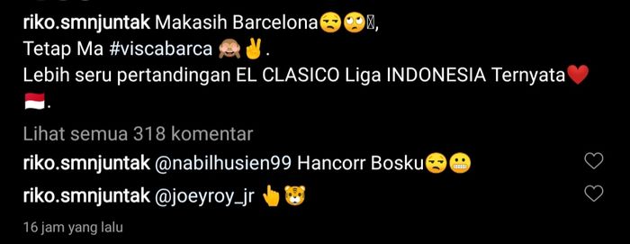 Pemain Persija Jakarta, Riko Simanjuntak, memberikan sindiran kepada Barcelona dengan menyebut lebih seru El Clasico Indonesia melalui postingan Instagram-nya, 25 Oktober 2020.