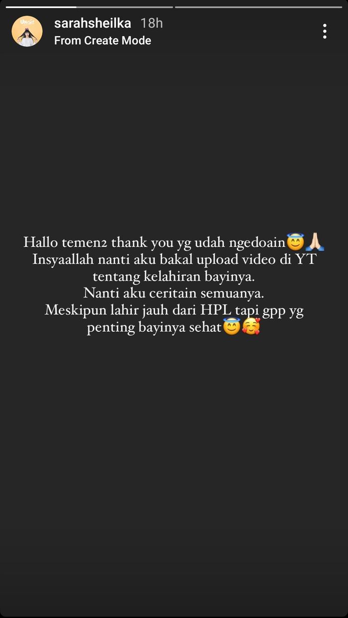 Unggahan Sarah setelah melahirkan buah hatinya dengan Tegar Septian