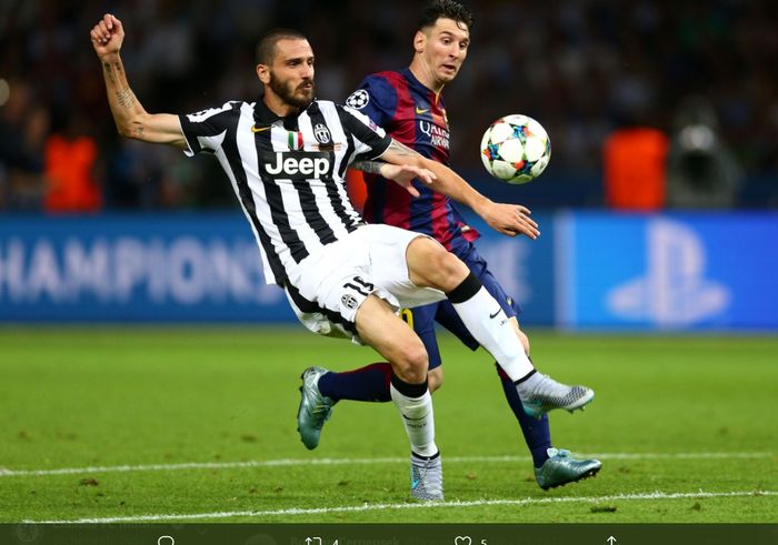 Duel antara Leonardo Bonucci dan Lionel Messi pada laga final Liga Champions 2014-2015.