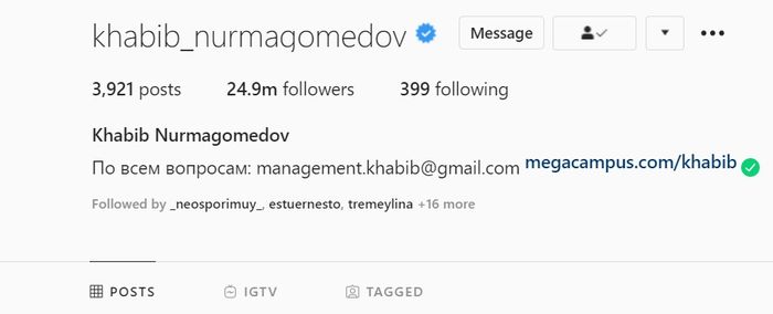 Jumlah follower Instagram Khabib Nurmagomedov per Kamis (29/10/2020) pagi WIB.