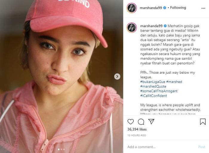 Marshanda singgung soal fitnah dan bullying.Tangkap layar Instagram @marshanda99
