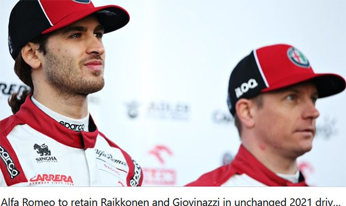 Alfa Romeo mempertahankan Antonio Giovinazzi (kiri) dan Kimi Raikkonen (kanan) untuk Formula 1 musim 2021.