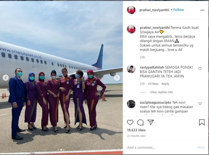 Postingan Pratiwi Noviyanthi, pramugari yang pensiun dini