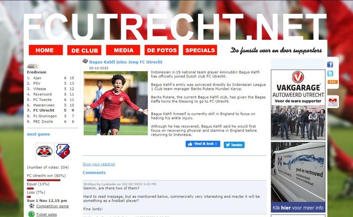 Pengumuman Bagus Kahfi gabung FC Utrecht di situs forum fans Utrecht, fcutrecht.net.