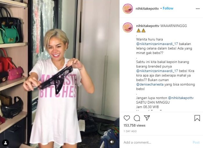 Nikita Mirzani lelang celana dalam bekas.Tangkap layar Instagram @nihkitakepottv