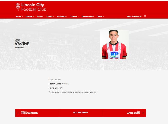 Pada website Lincoln City, nama Jack Brown masih ada dalam skuat Lincoln City U-18, diakses pada 2 November 2020