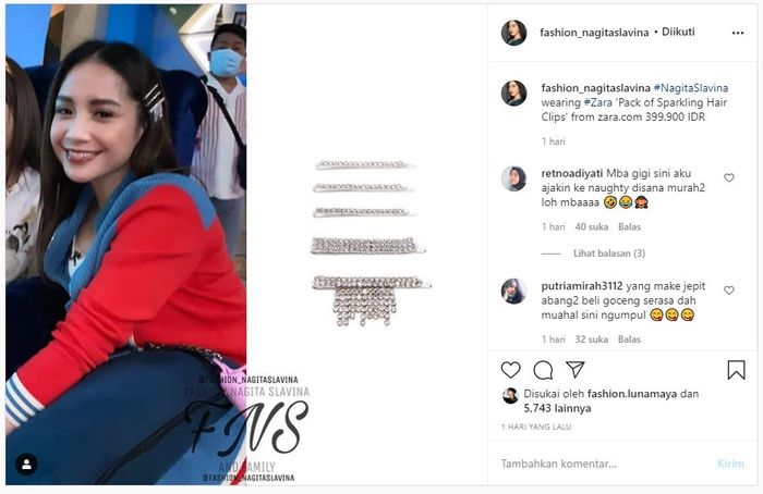 Jepit rambut bling-bling yang dipakai Nagita Slavina ini dibanderol dengan harga hampir Rp 400 ribuInstagram/@fashion_nagitaslavina