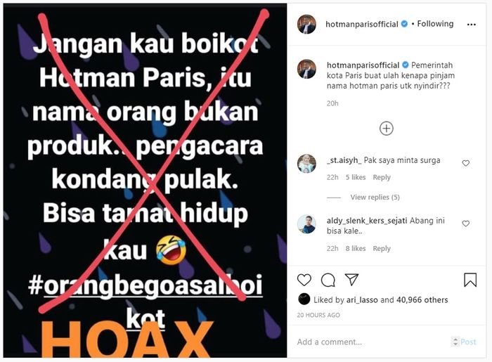 Hotman Paris mempertanyakan namanya tercatut dalam aksi sindir boikot produk Perancis.