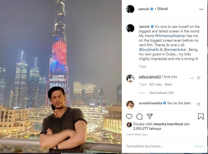 Ucapan ulang tahun Shah Rukh Khan ke-55 hiasi gedung tertinggi di dunia.