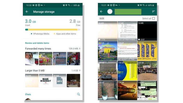 Kiri: jendela utama Manage Storage dengan kategori berdasarkan ukuran file dan chat yang paling menyita tempat. Kanan: jendela yang muncul saat Anda mengklik salah satu chat/Whatsapp Group