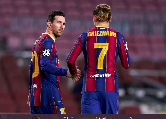 Dua penyerang Barcelona, Antoine Griezmann, dan Lionel Messi, tampil dalam laga melawan Dynamo Kyiv di laga pekan ketiga Liga Champions 2020-2021.