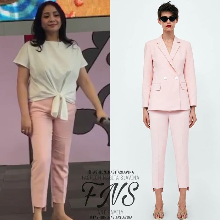 Nagita Slavina tampil mengenakan tailored pants bermodel asimetris.