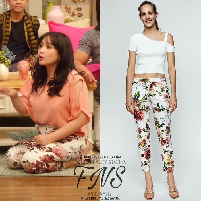 Nagita Slavina terlihat mengenakan model celana dengan motif floral 