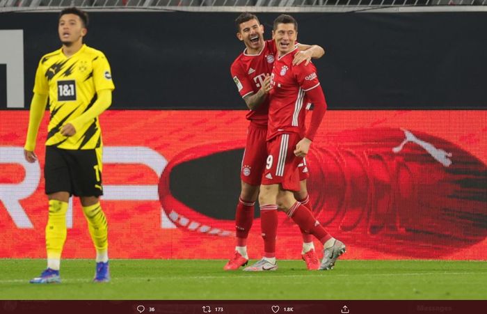 Robert Lewandowski merayakan gol ke gawang Borussia Dortmund dalam laga bertajuk Der Klassiker, Sabtu (8/11/2020).