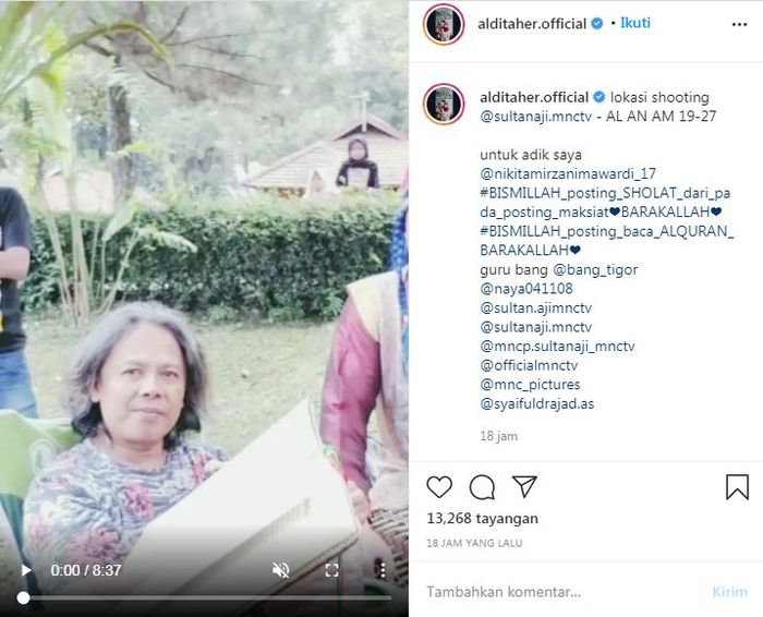 Aldi Taher menyebut Nikita Mirzani dalam unggahan di Instagram pribadinya @alditaher.official, Jumat (13/11/2020).