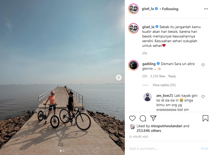 Gading Marten mengomentari unggahan Gisel