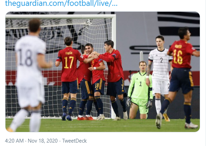 Pemain timnas Spanyol merayakan gol yang dicetak oleh Ferran Torres ke gawang timnas Jerman di pertandingan UEFA Nations League, Rabu (18/11/2020) dini hari WIB.