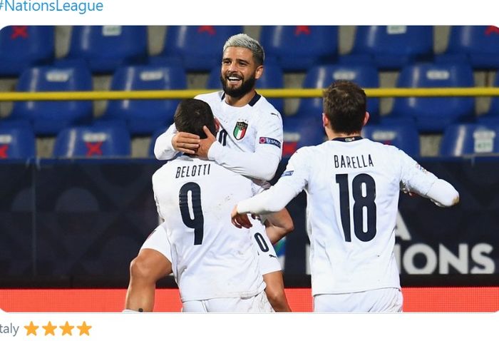 Pemain Italia merayakan gol ke gawang Bosnia-Herzegovina dalam laga UEFA Nations League, Rabu (18/11/2020) di Sarajevo.