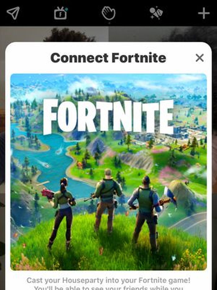 Illustration of the display for connecting a Houseparty account to Fortnite, along with the TV logo in the middle with the letter F