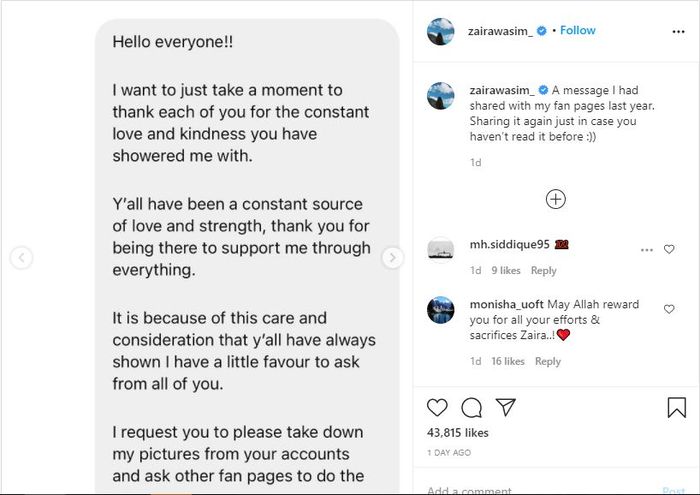 Zaira Wasim minta fans menghapus foto-fotonya dari fanpage