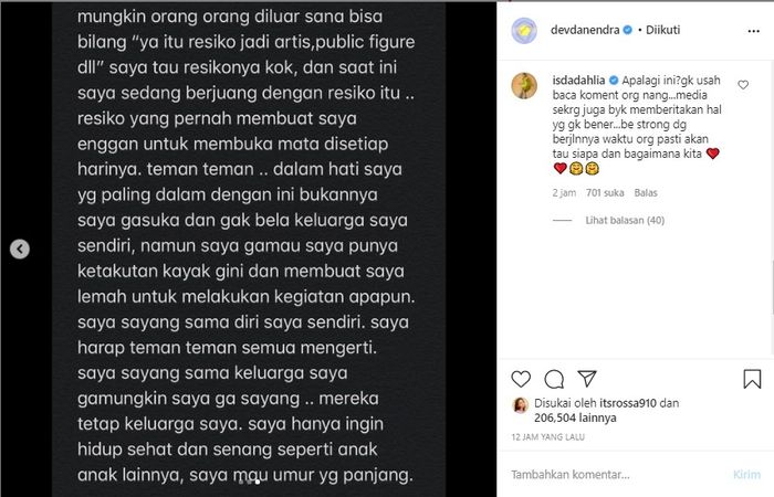 Komentar Iis Dahlia dalam unggahan putranya, Devano Danendra.