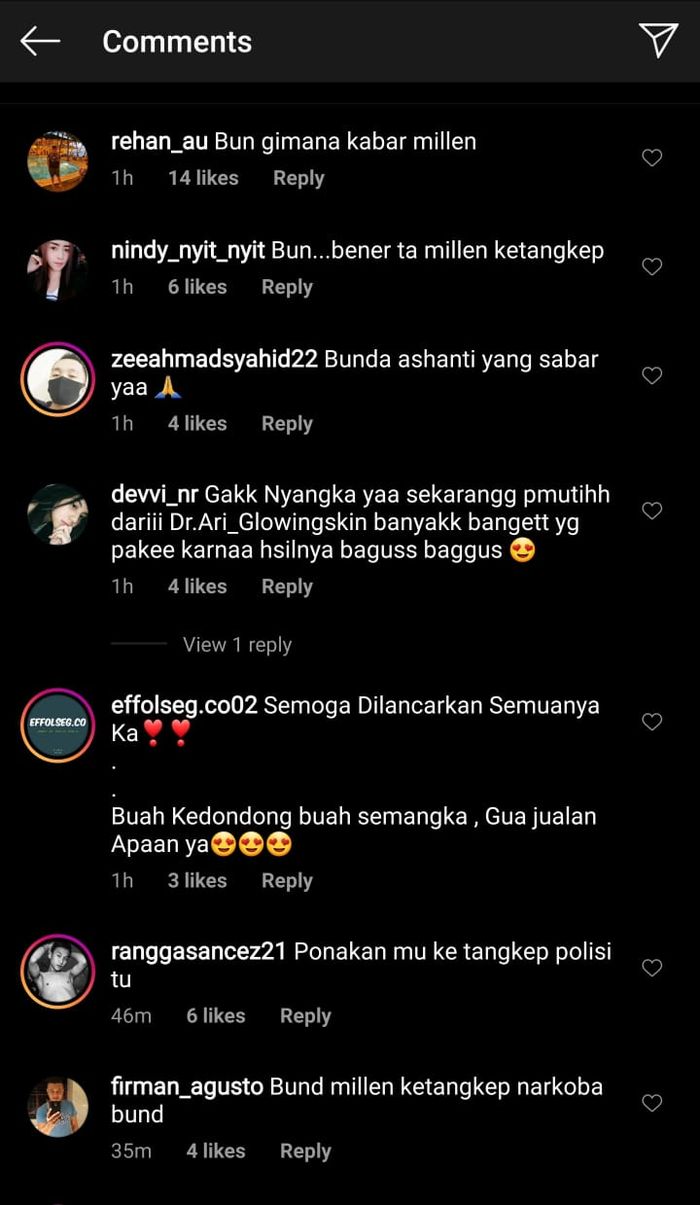 Instagram Ashanty langsung dibanjiri oleh netizen yang menanyakan kabar Millen Cyrus