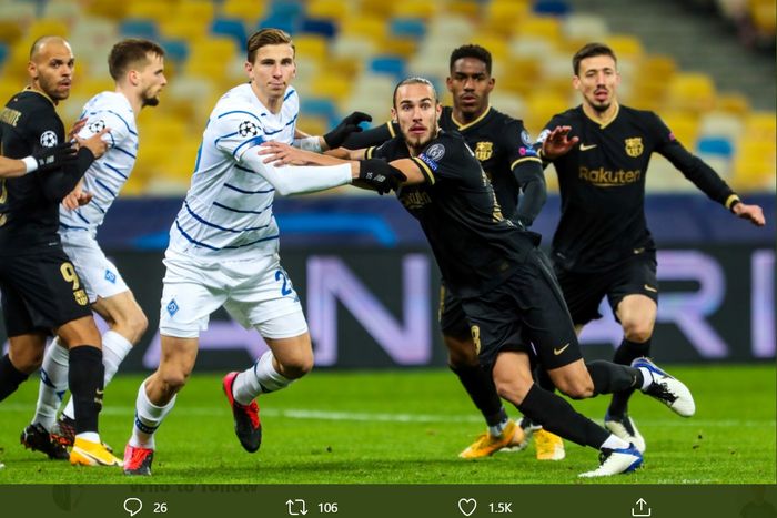 Bek Barcelona, Oscar Mingueza, dipromosikan dari tim B dalam laga kontra Dynamo Kyiv di matchday 4 Liga Champions, Selasa (24/11/2020) di Stadion Olimpiyskiy, Kiev.