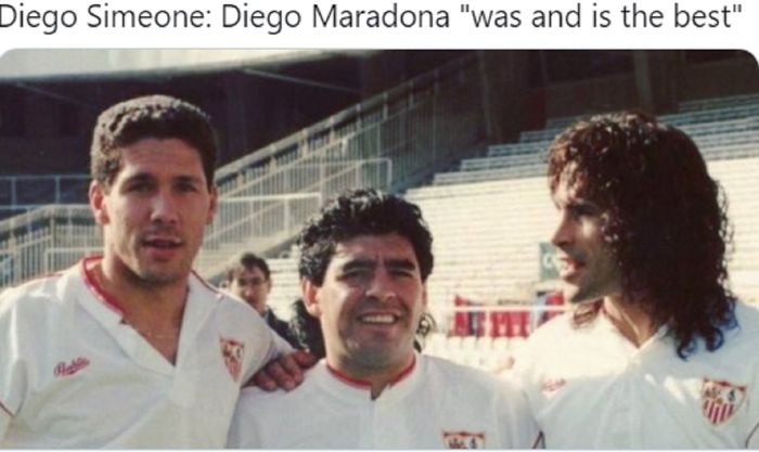 Diego Simeone (kiri) dan Diego Maradona (tengah) saat sama-sama memperkuat Sevilla
