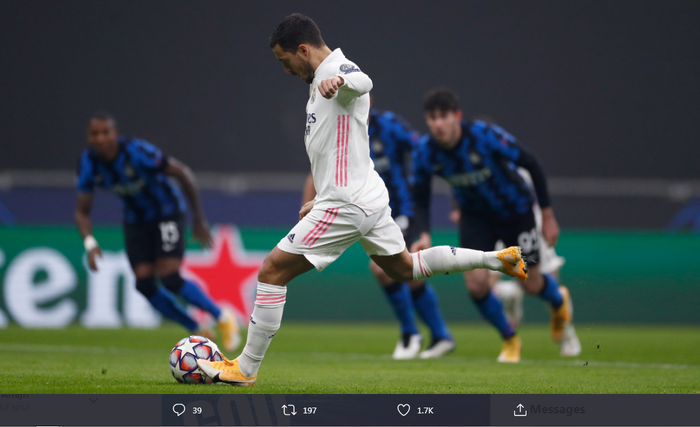Eden Hazard mencetak gol lewat titik putih untuk Real Madrid ke gawang Inter Milan pada matchday keempat Grup B Liga Champions 2020-2021, Rabu (25/11/2020)