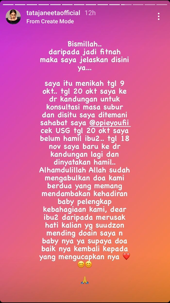 Klarifikasi Tata Janeeta soal jangka waktu kehamilanTangkap layar Instagram Stories @tatajaneetaofficial