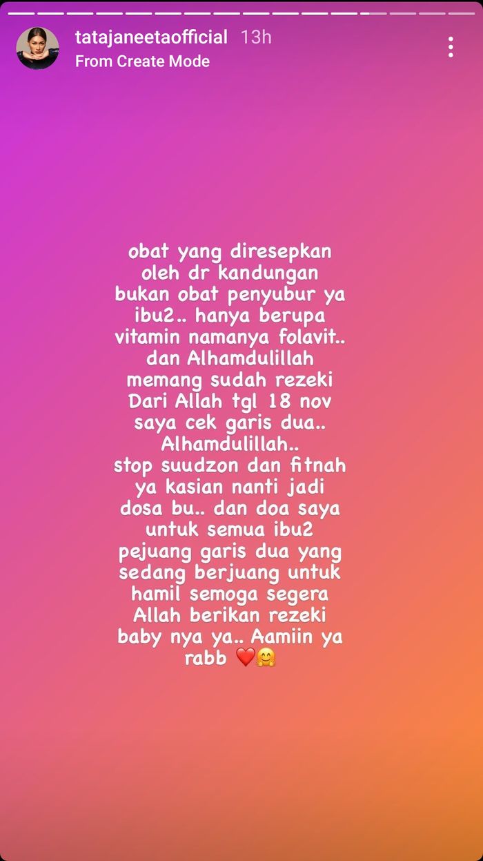 Klarifikasi Tata Janeeta soal jangka waktu kehamilanTangkap layar Instagram Stories @tatajaneetaofficial