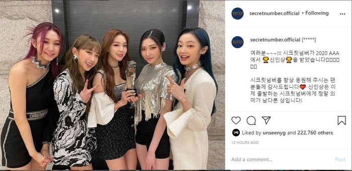 Secret Number berhasil meraih penghargaan Rookie of the Year di AAA 2020.