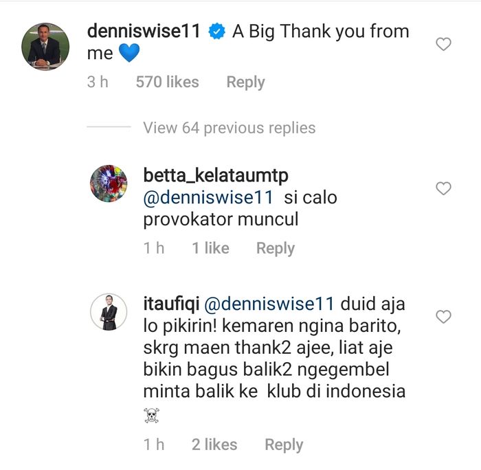 Komentar Dennis Wise di akun Instagram Bagus Kahfi yang diserang netizen.