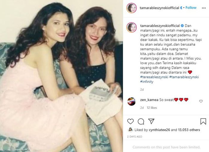 Tamara Bleszynski rindu dengan kakak perempuannya