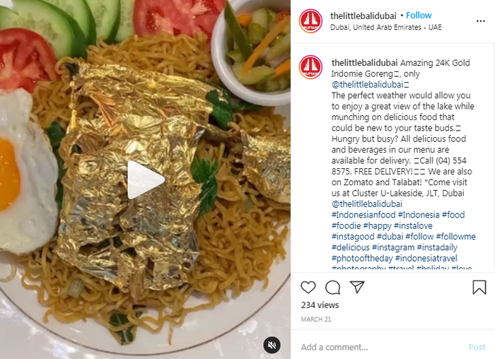 Restoran di Dubai menyajikan Indomie goreng asal Indonesia dengan topping emas 24 karat.
