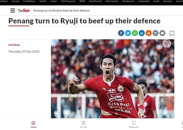 Media Malaysia, The Star, memberitakan mengenai transfer Ryuji Utomo ke Penang FC, 3 Desember 2020