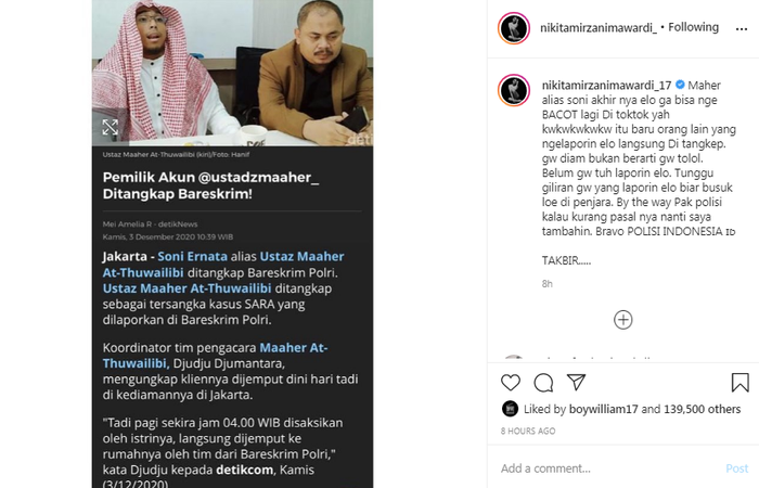 Tanggapan <a href='https://jambi.tribunnews.com/tag/nikita-mirzani' title='Nikita Mirzani'>Nikita Mirzani</a> atas penangkapan <a href='https://jambi.tribunnews.com/tag/ustaz-maaher' title='Ustaz Maaher'>Ustaz Maaher</a>.