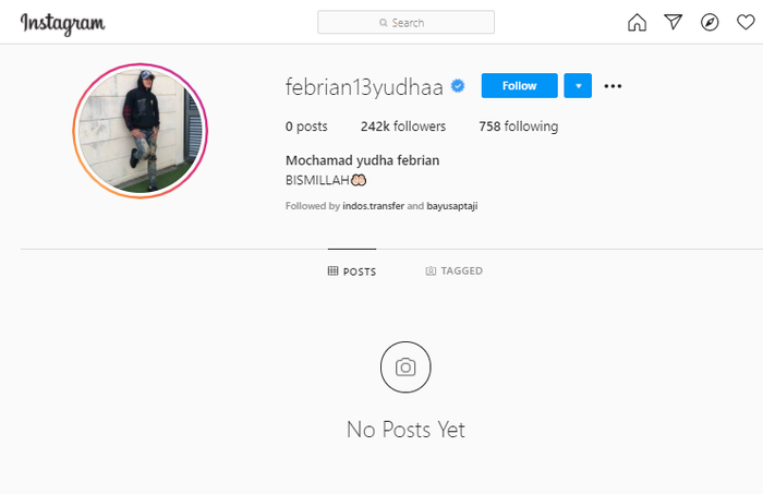 Akun Instagram Yudha Febrian nihil postingan usai viral video dugem hingga dicoret timnas U-19 Indonesia.