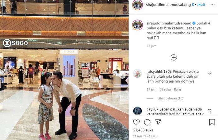 Suami Zaskia Gotik, Sirajuddin Mahmud, curhat lantaran sudah beberapa bulan tak bertemu dengan putrinya hasil pernikahan dengan Imel Putri Cahyati