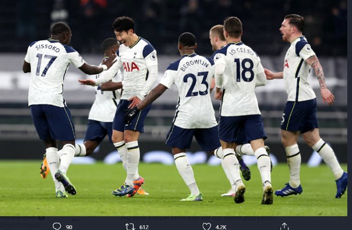 Para pemain Tottenham Hotspur merayakan gol ke gawang Arsenal dalam laga pekan ke-11 Liga Inggris 2020-2021 di Tottenham Hotspur Stadium, Minggu (6/12/2020) pukul 23.30 WIB.