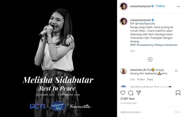 Unggahan Maia Estianty saat berikan kalimat perpisahan untuk Melisha Sidabutar