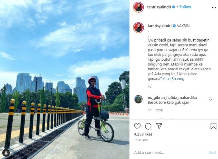 Tantri Syalindri Ichlasari berharap segera mendapatkan vaksin.Tangkap layar Instagram @tantrisyalindri