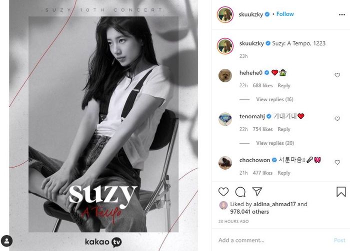Unggahan Suzy terkait konser solonya memperingati 10 tahun debut.