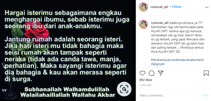 Unggahan Rohimah soal kebahagiaan istri